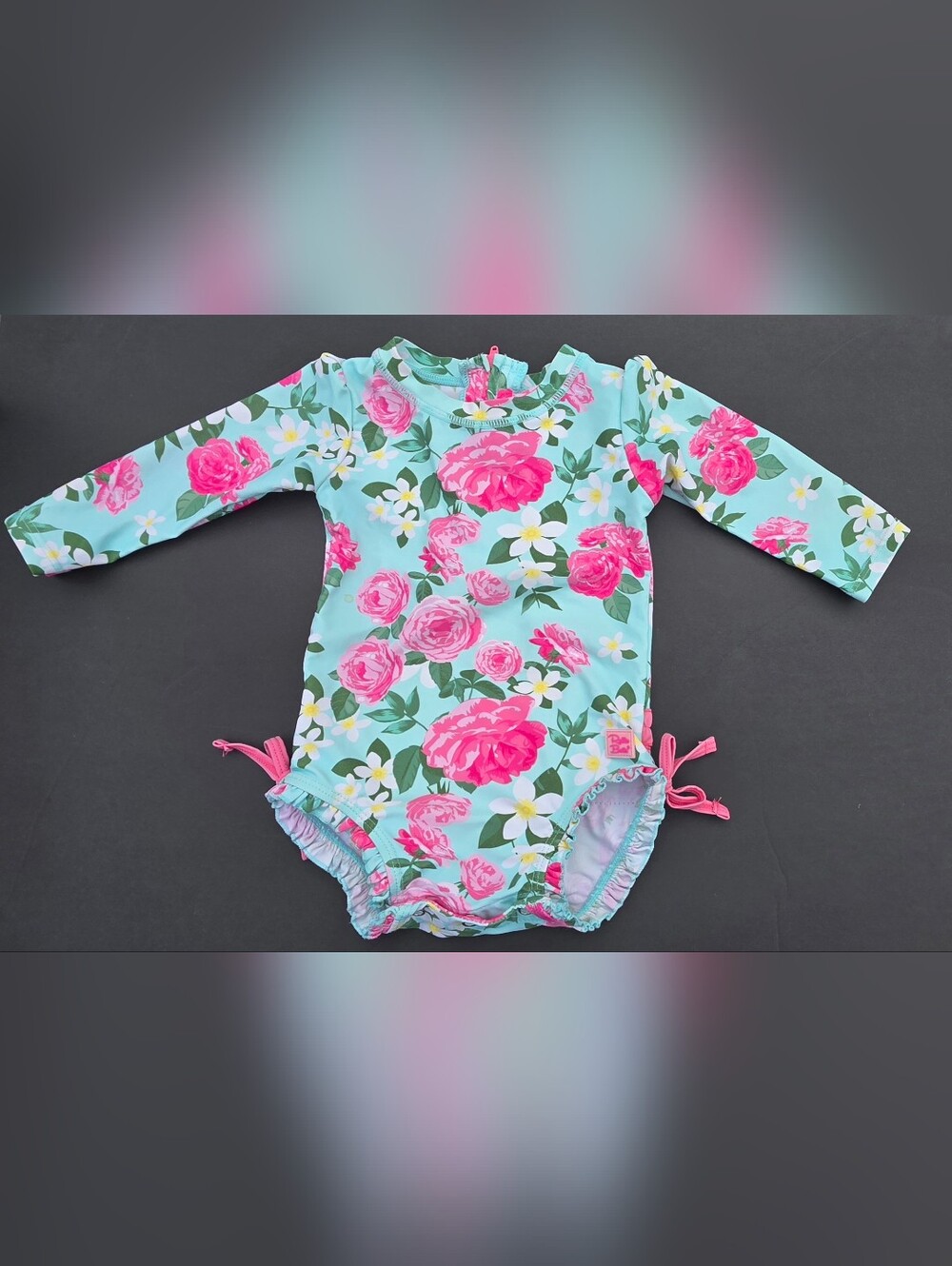 Ruffle Butts Floral One-Piece Swimsuit in Aqua and Pink Size 12-18 Months